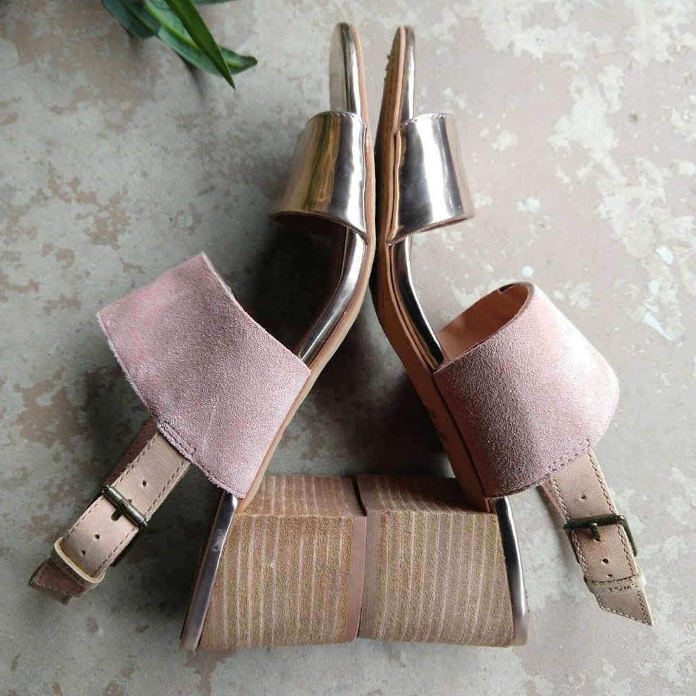 TOMS Poppy Metallic Sandals Size 10 Pink Rose Gold Strappy Block Heel Suede - Picture 5 of 8